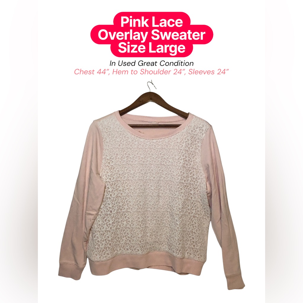 Pink Lace Overlay Sweater Long Sleeve Crewneck Women’s Large